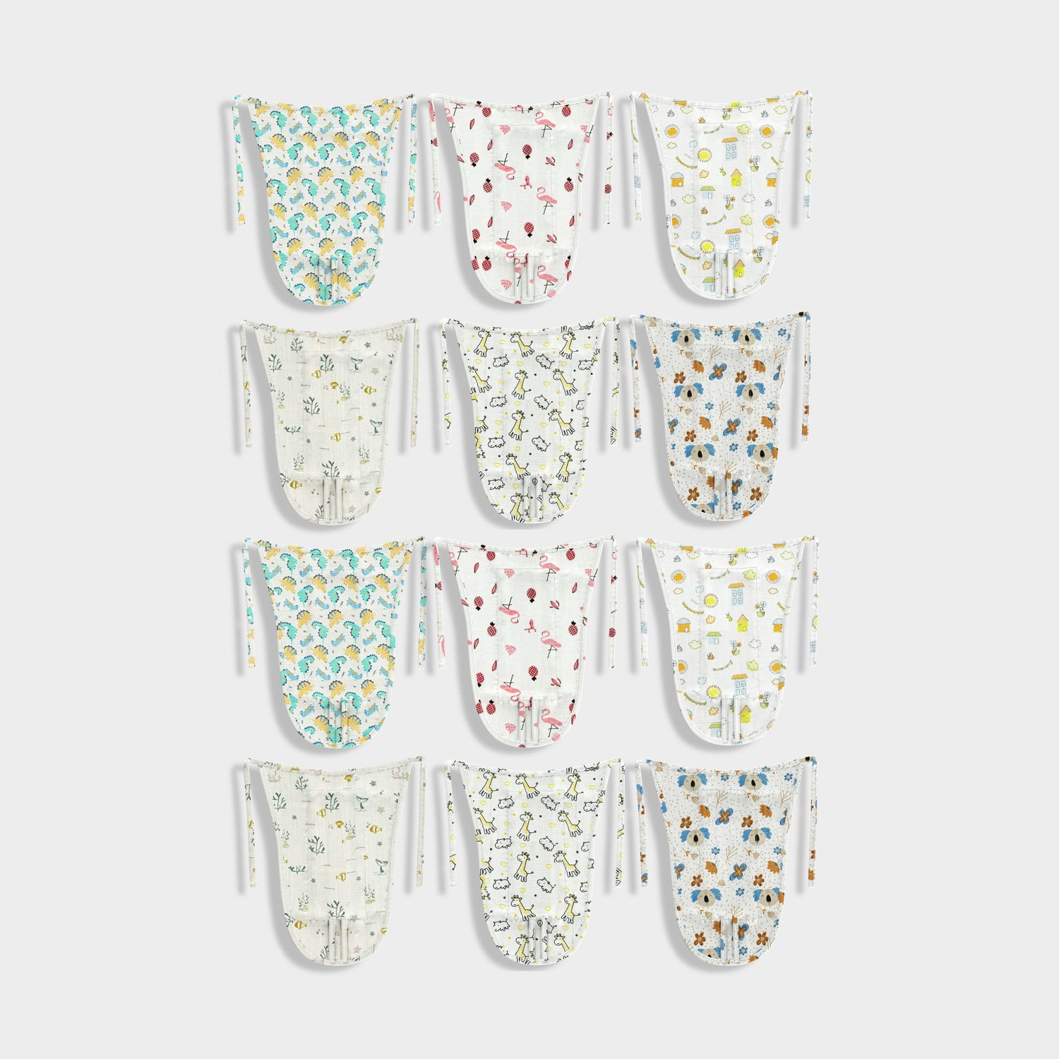 12 Pack Muslin Langot | Dinosaur, Pink Bird, Street, Ocean, Giraffe, Kaola