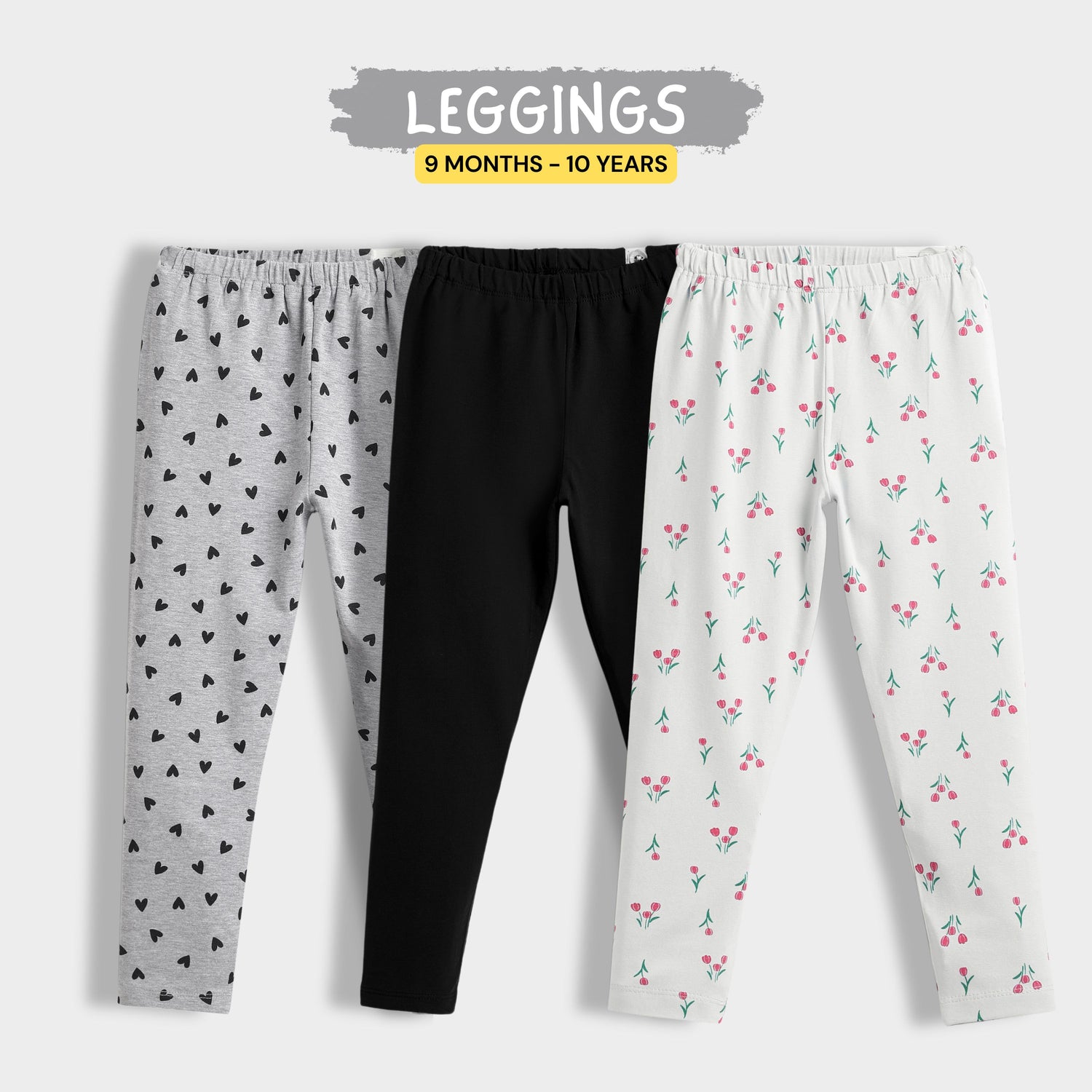 3 Pcs Leggings | Grey Hearts, Black, White Tulips