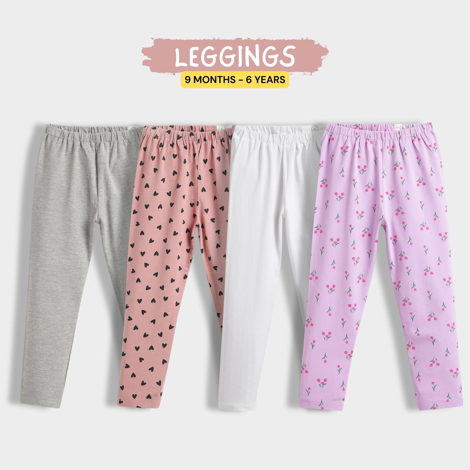 4 Pcs Leggings | Grey, Coral Pink Hearts, White, Light Lavender Tulips