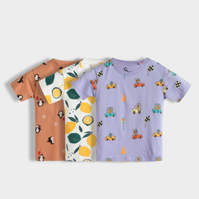 3 Pack Half Sleeves Unisex T-Shirts | Penguin Chill, Lemon, Racing Cars