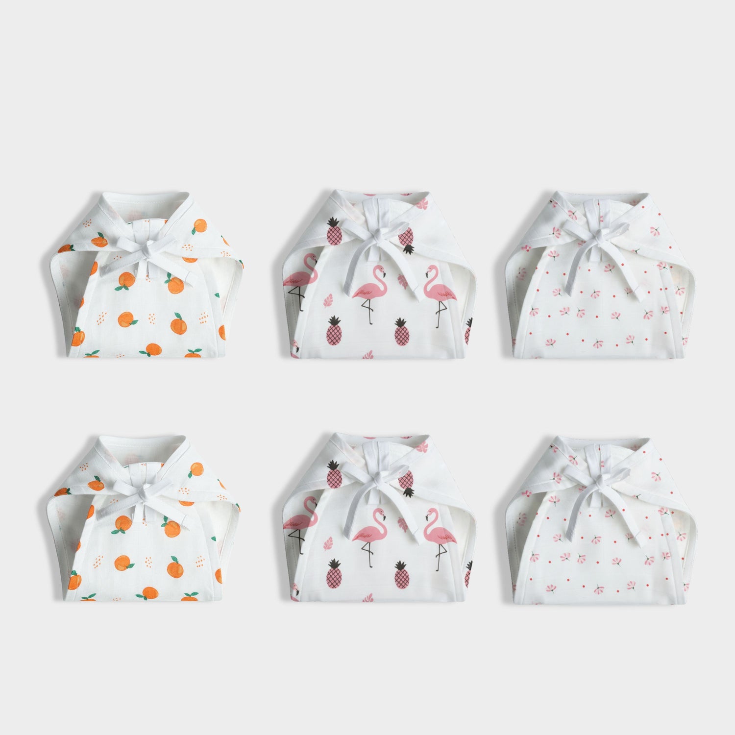 6 Pack Muslin Nappies | Sweet Oranges, Pink Bird, Flower