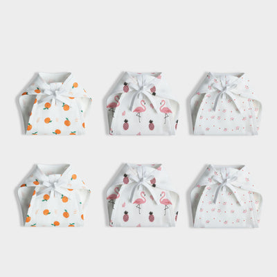 6 Pack Muslin Nappies | Sweet Oranges, Pink Bird, Flower