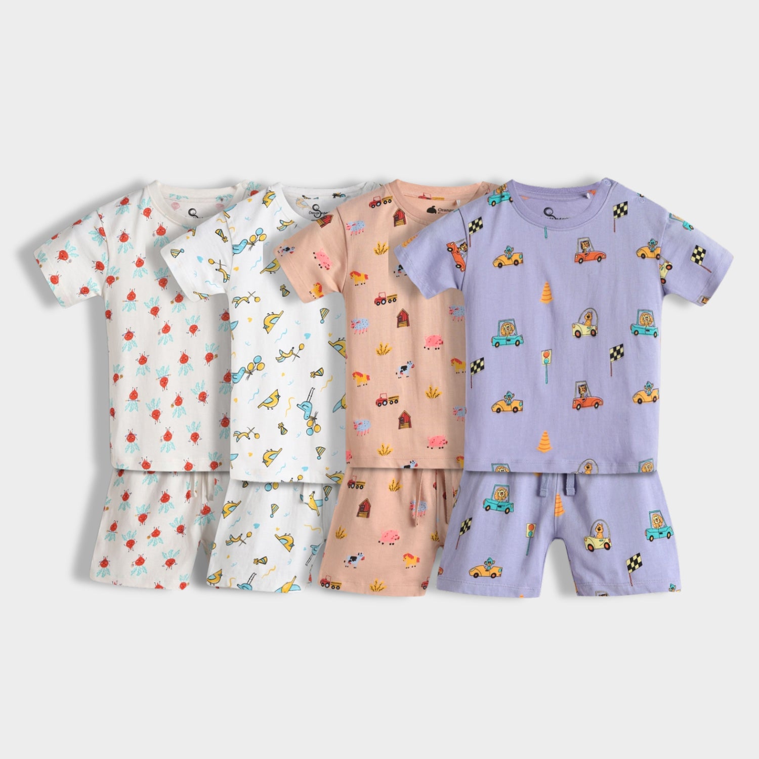 4 Pack T-Shirt & Shorts Unisex Co-ord Set | Beetroot, Bird, Farm, Cars