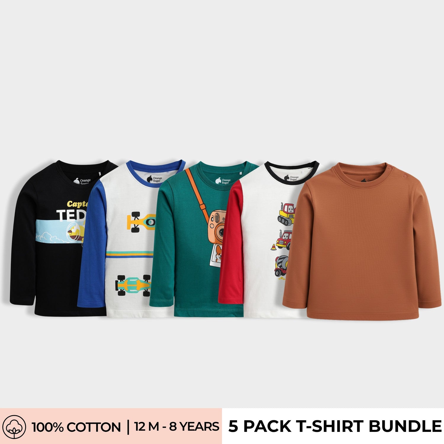 5 Pack Full Sleeves Unisex T-Shirts | Teddy, Racing, Camera, Road Runner, Brown