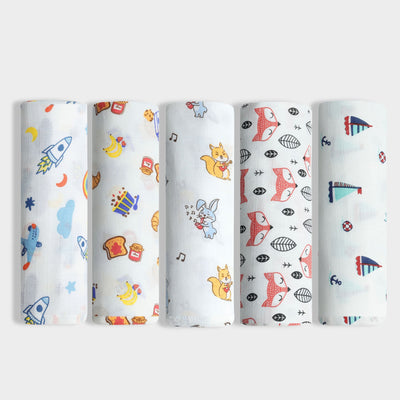 5 Pack Muslin Swaddle | Starry Safari, Yummy Breakfast, Jungle Jingles, Fox, Little Sailor