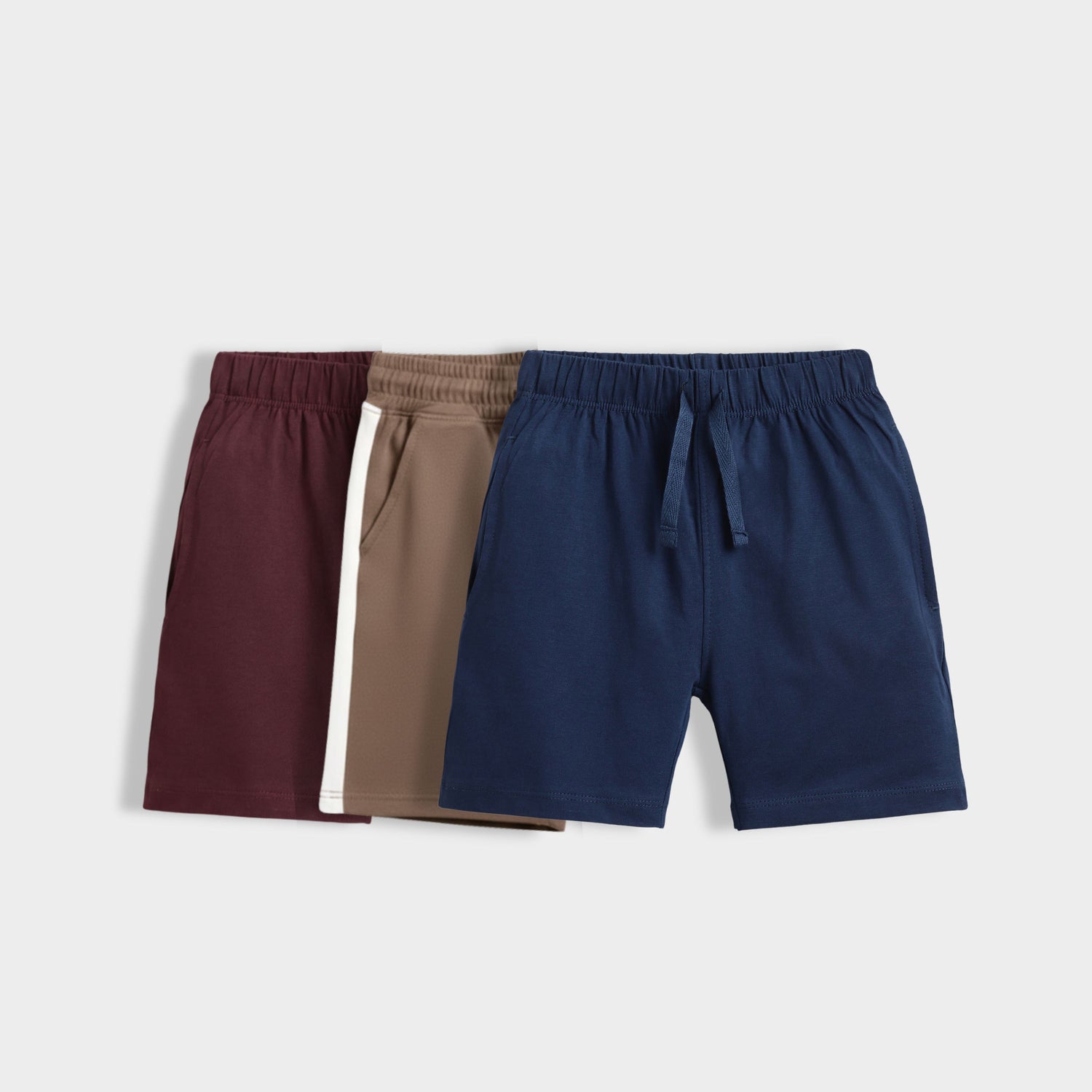 3 Pcs Cotton Shorts | Wine, Biscuit Brown, Royal Blue