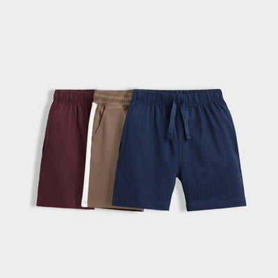 3 Pcs Cotton Shorts | Wine, Biscuit Brown, Royal Blue
