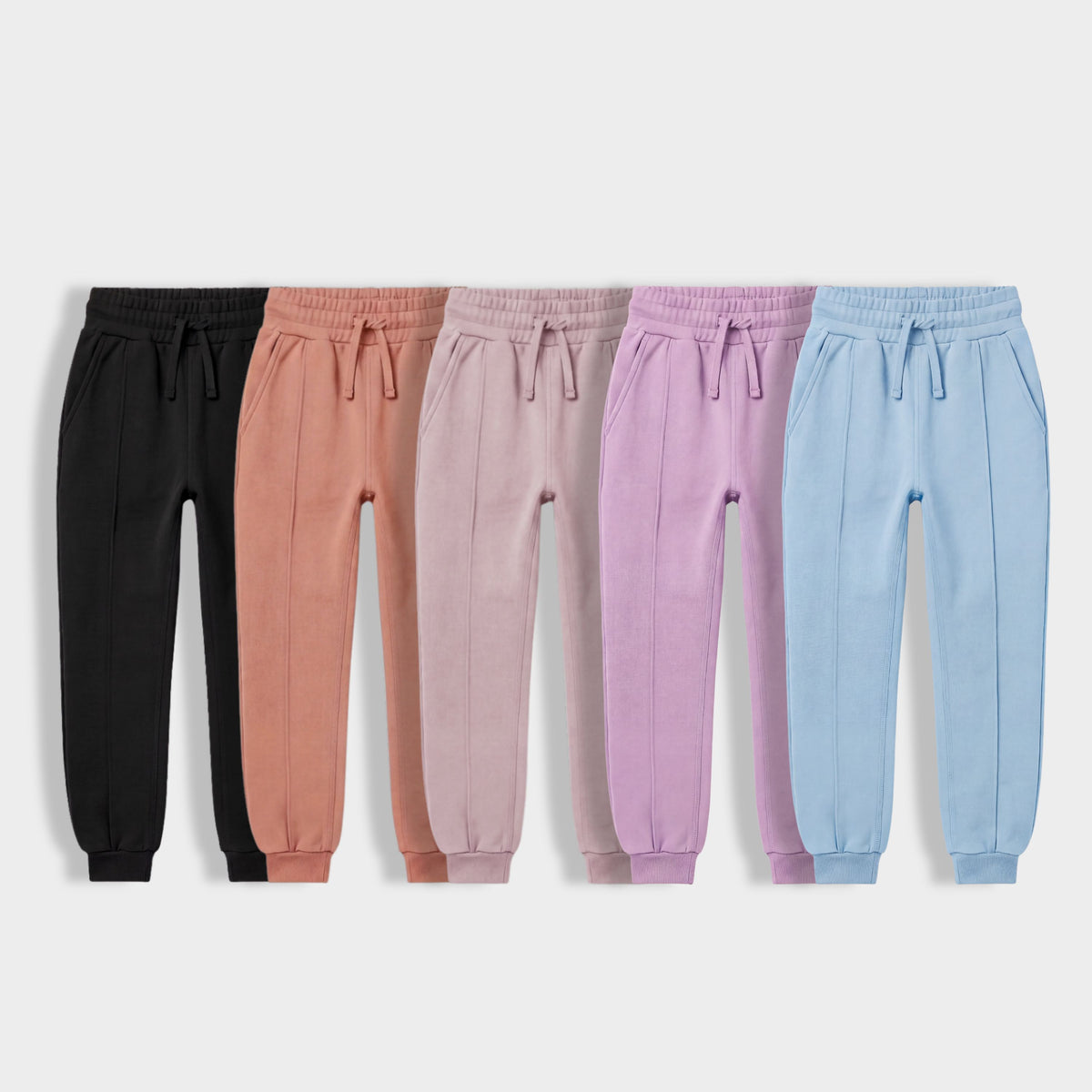 5 Pack Girls Interlock Joggers | Black, Honey Brown, Powder Nude, Lavender, Light Blue