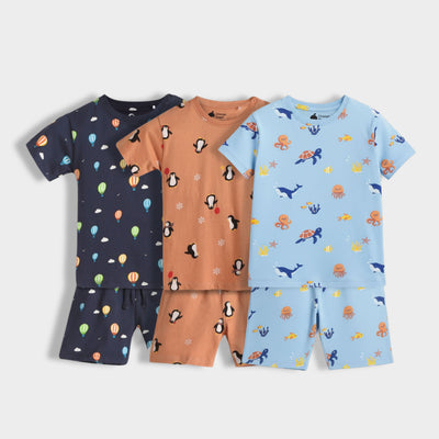 3 Pack T-Shirt & Shorts Unisex Co-ord Set | Hot Air Balloon, Penguin Chill, Aqua World