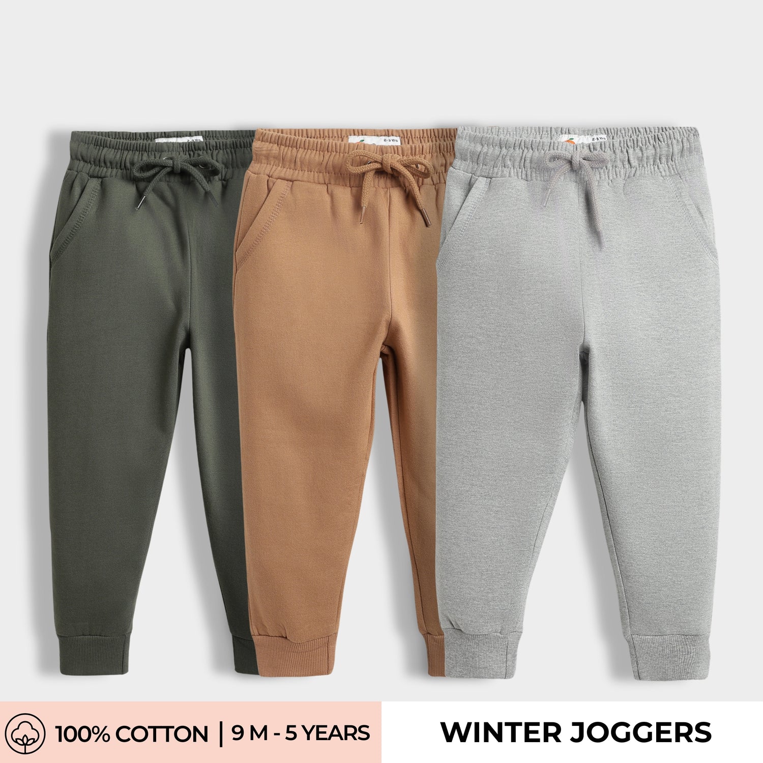 3 Pcs Winter Joggers | Green, Brown, Melange Grey