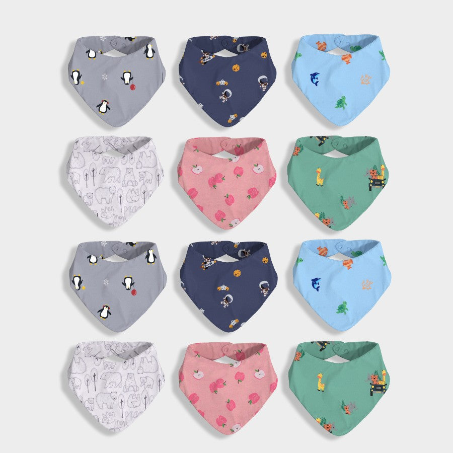 12 Pack Bandana Bib | Penguin, Space, Underwater, Bear, Apple, Jungle