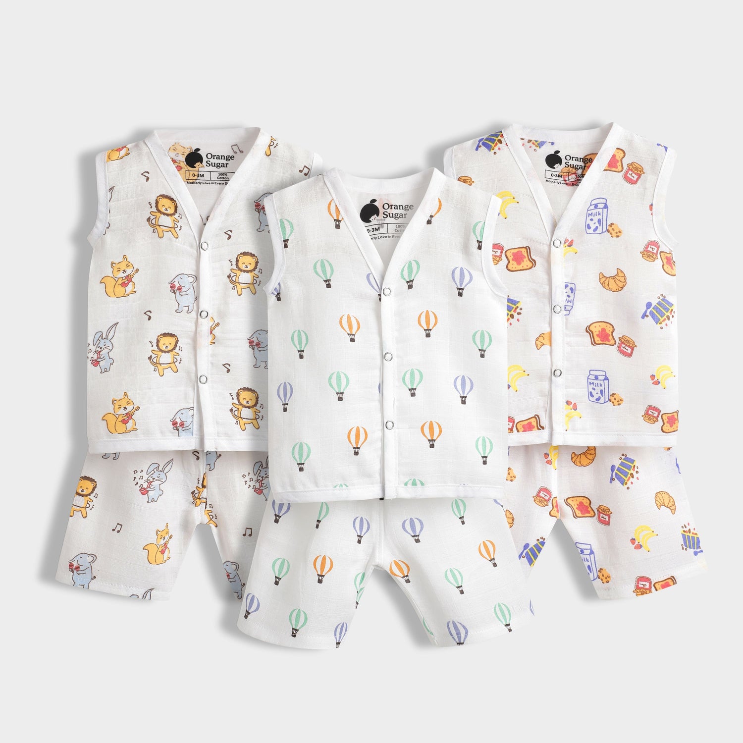 3 Pack Muslin Jhabla Co-ord Set | Jungle Jingles, Balloon Ride, Breakfast