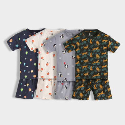 4 Pack T-Shirt & Shorts Unisex Co-ord Set | Cheetah, Hot Air, Oranges & Penguin