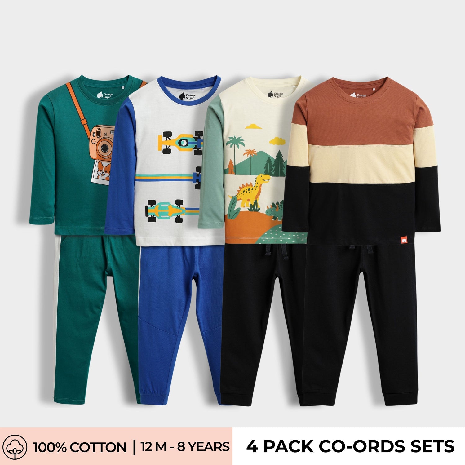 4 Pack Full Sleeves Unisex Co-ord Set | Camera, Racing, Dino, Colour Block Brown