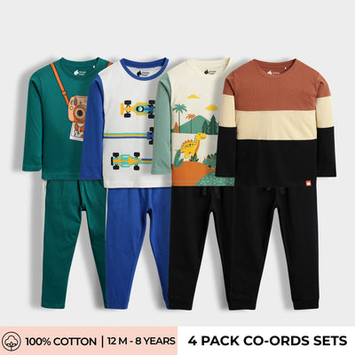4 Pack Full Sleeves Unisex Co-ord Set | Camera, Racing, Dino, Colour Block Brown