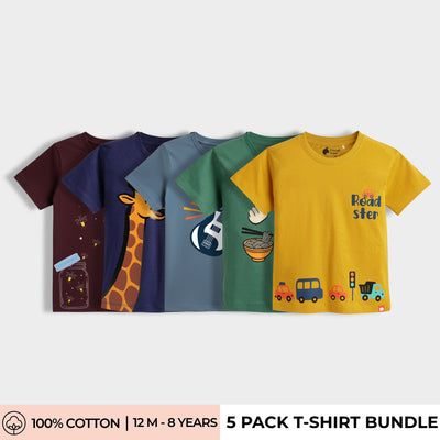 5 Pack Half Sleeves Unisex T-Shirts | Firefly Magic, Sporty Giraffe, Rockstar, Korea, Road Trip