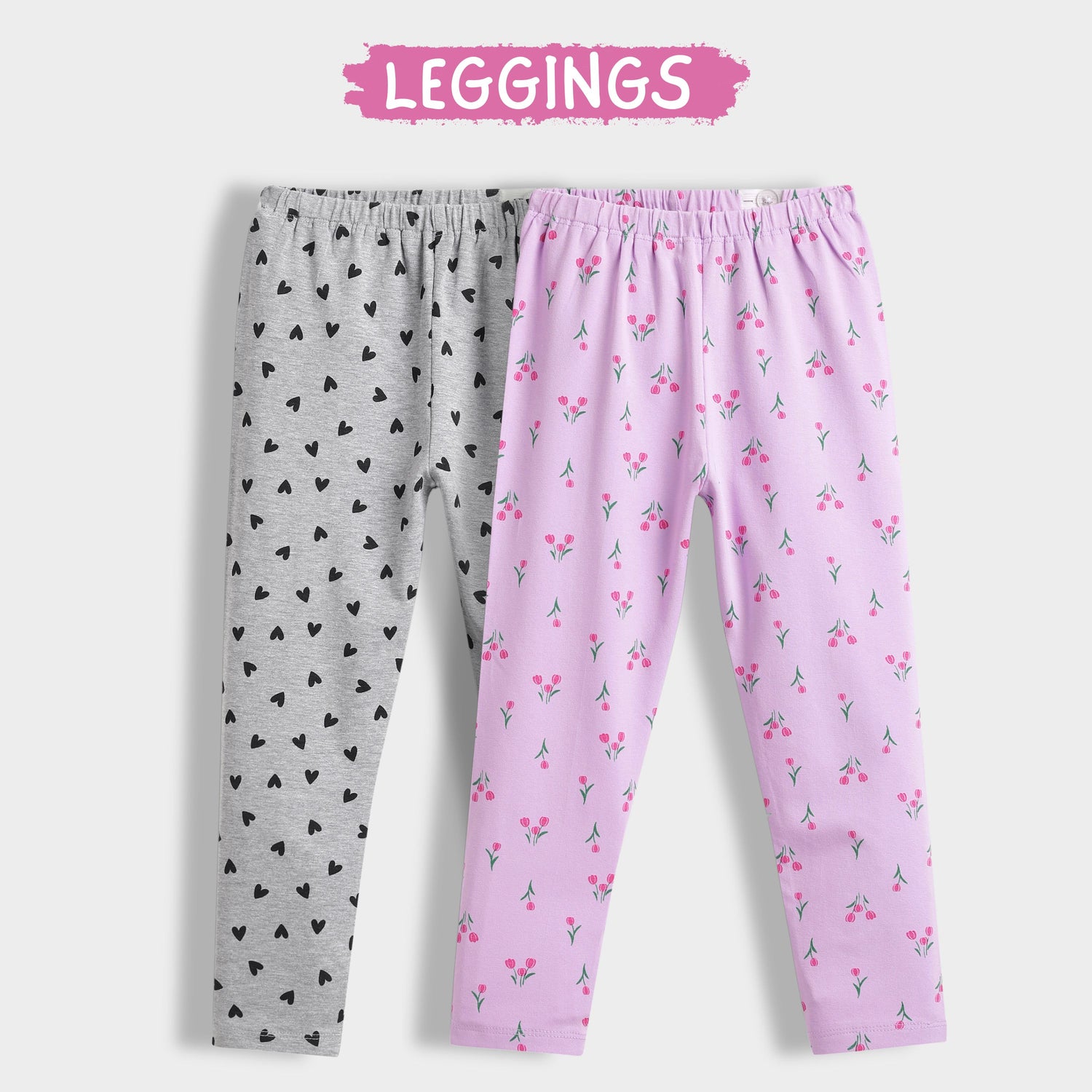 2 Pcs Leggings | Light Lavender Tulips, Grey Hearts