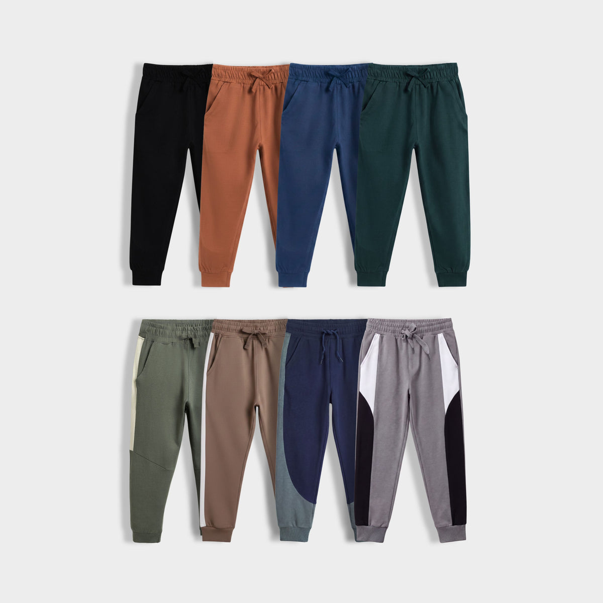 8 Pcs Cotton Joggers | Black, Brown, Royal Blue, Bottle Green, Colour Block Olive , Biscuit Brown, Colour Block Navy, Colour Block Grey