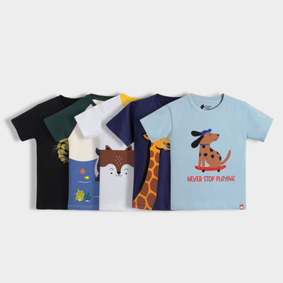5 Pack Half Sleeves Unisex T-Shirts | Fearless Lion, Mini Ocean, Half And Half, Sporty Giraffe, Pup Ride