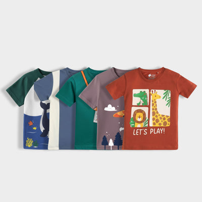 5 Pack Half Sleeves Unisex T-Shirts | Goal Time, Zoo, Camera, Mini Ocean, UFO