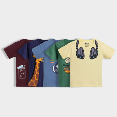 5 Pack Half Sleeves Unisex T-Shirts | Firefly Magic, Sporty Giraffe, Rockstar, Korea, Music Buddy