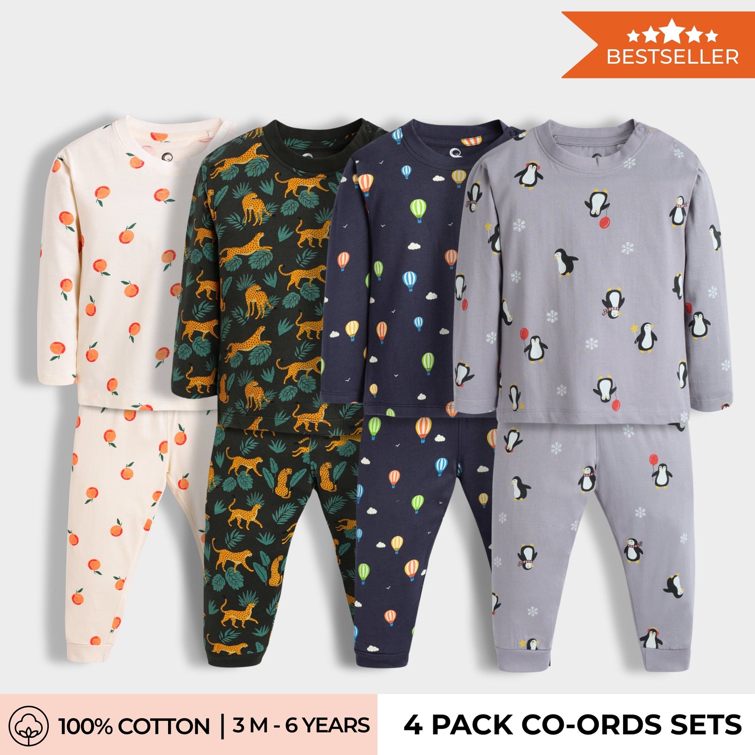 4 Pack Full Sleeves Unisex Co-ord Set | Cheetah, Hot Air, Oranges & Penguin
