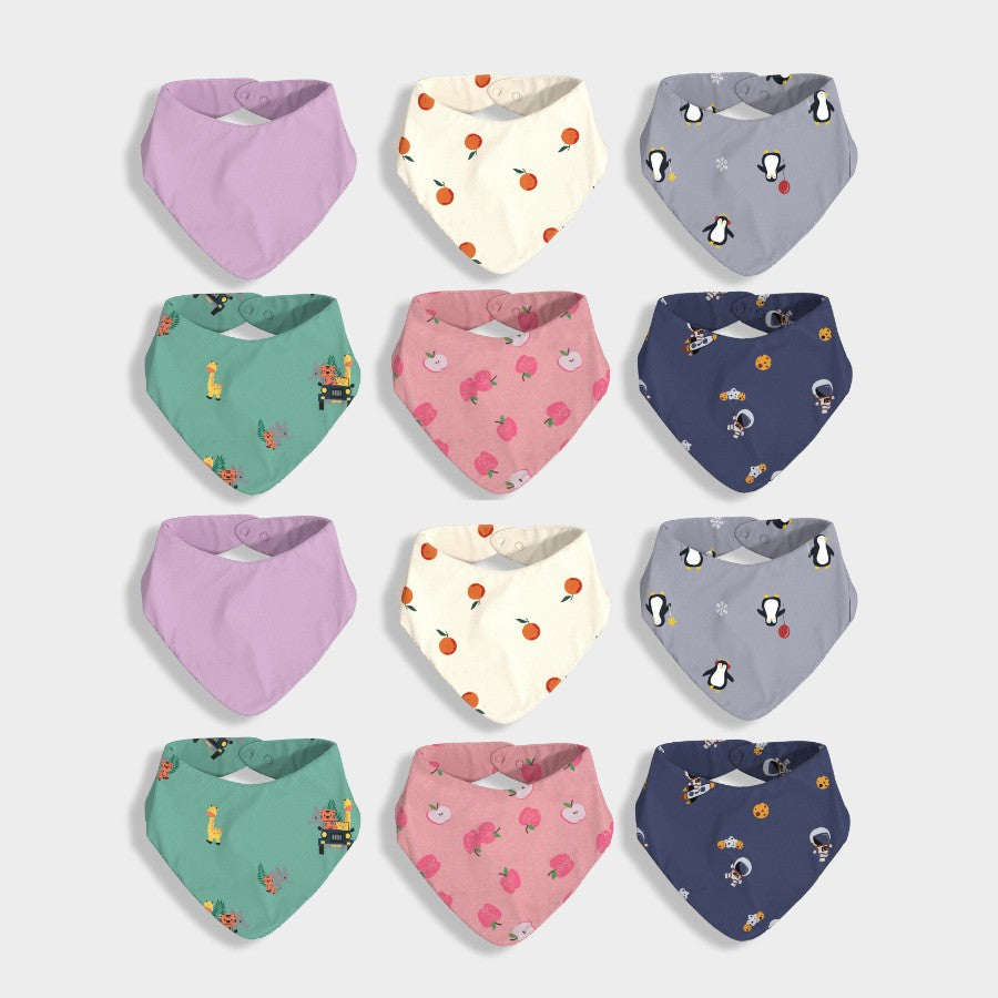 12 Pack Bandana Bib | Lavendar, Orange, Penguin, Jungle, Apple, Space