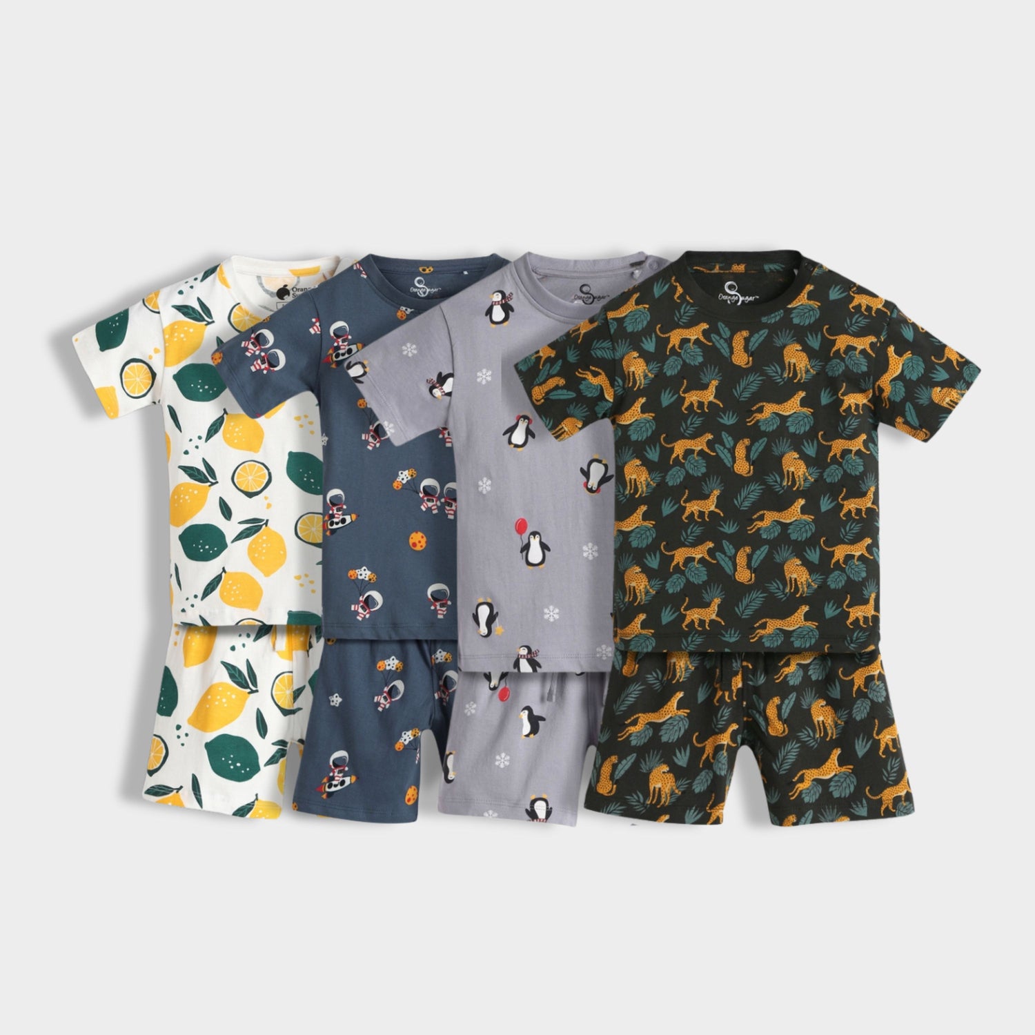 4 Pack T-Shirt & Shorts Unisex Co-ord Set | Space, Lemon, Penguin & Cheetah