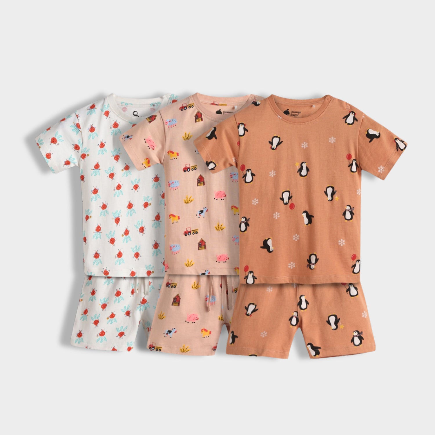 3 Pack T-Shirt & Shorts Unisex Co-ord Set | Farm, Beetroot, Penguin Chill