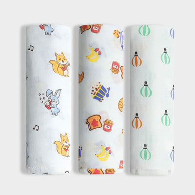 3 Pack Muslin Swaddle | Jungle Jingles, Balloon Ride, Breakfast
