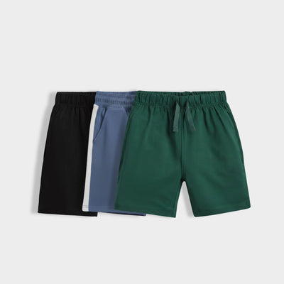 3 Pcs Cotton Shorts | Black, Indigo Blue, Bottle Green