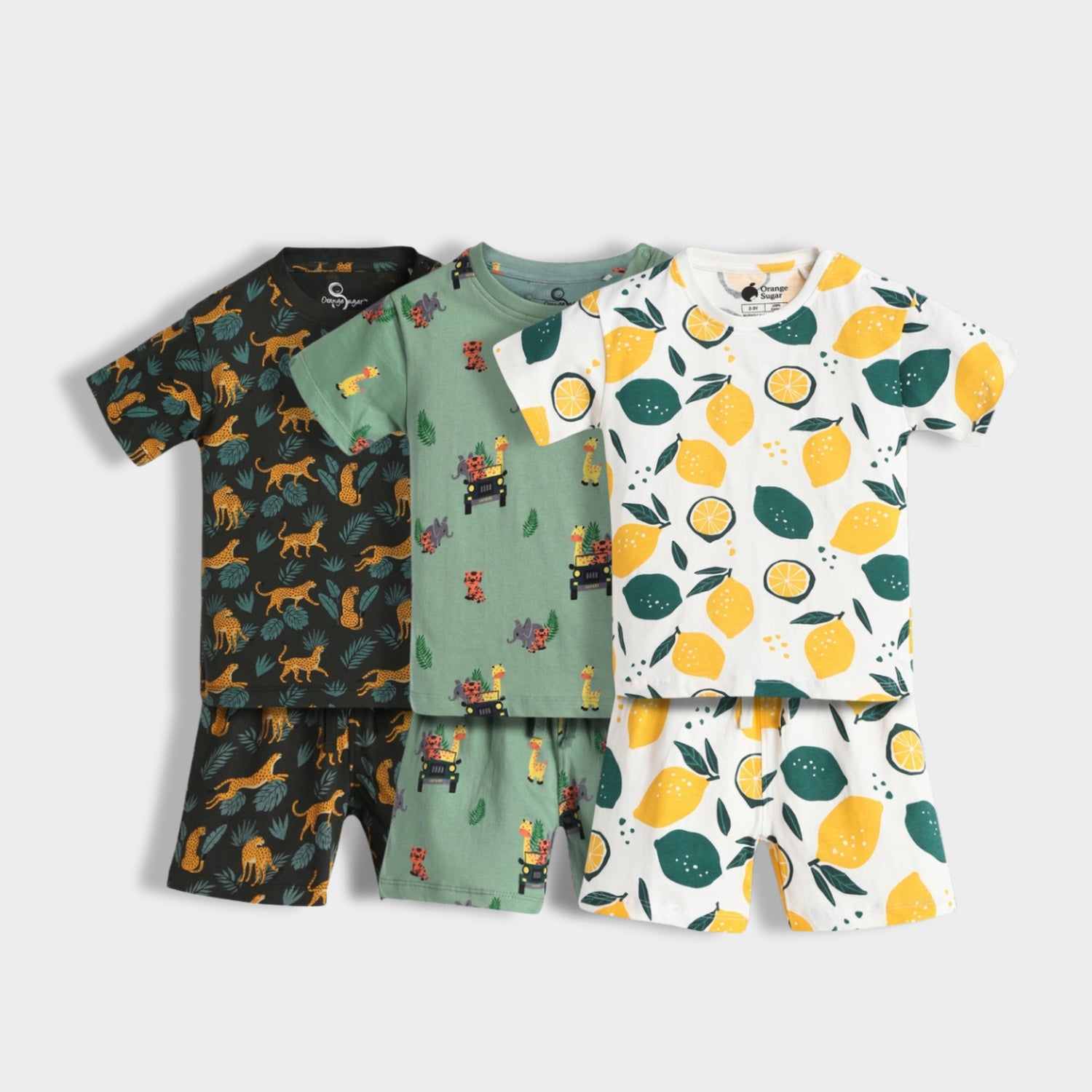 3 Pack T-Shirt & Shorts Unisex Co-ord Set | Cheetah, Jungle, Lemon