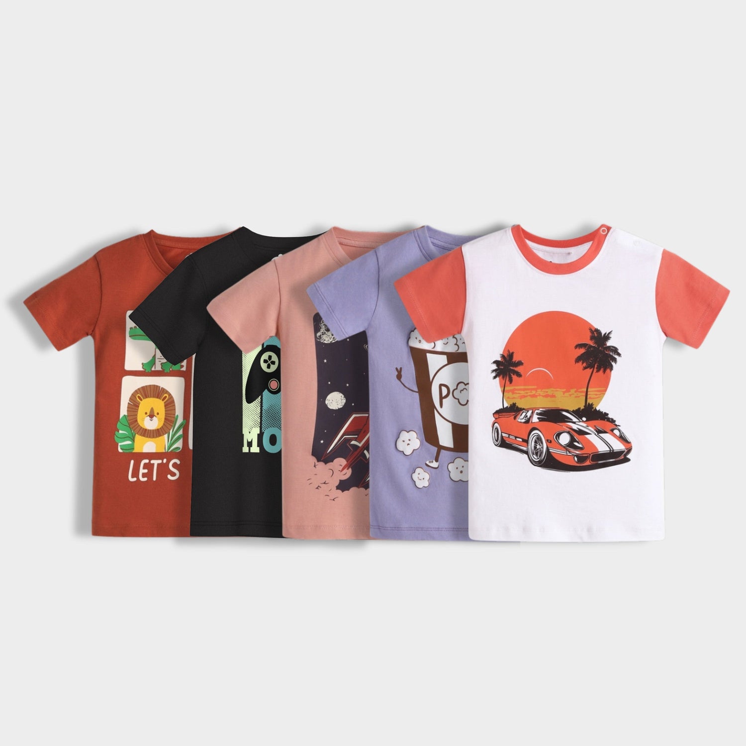 5 Pack Half Sleeves T-Shirt | Zoo, Game Mode, Rocket, Popcorn, Car Ride