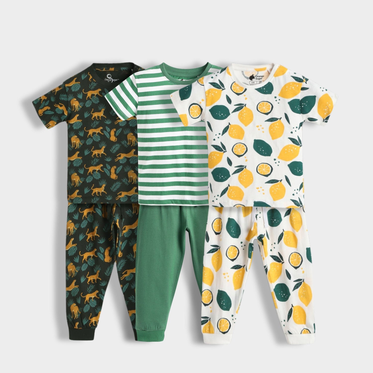 3 Pack Half Sleeves Unisex Co-ord Set | Cheetah, Green Stripes, Lemon