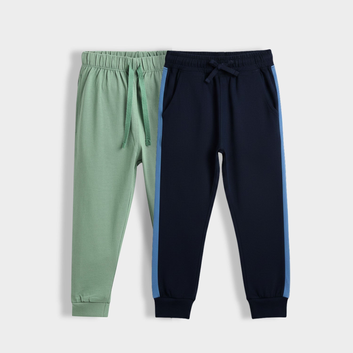 2 Pcs Cotton Colour Block Joggers | Green, Colour Block Blue