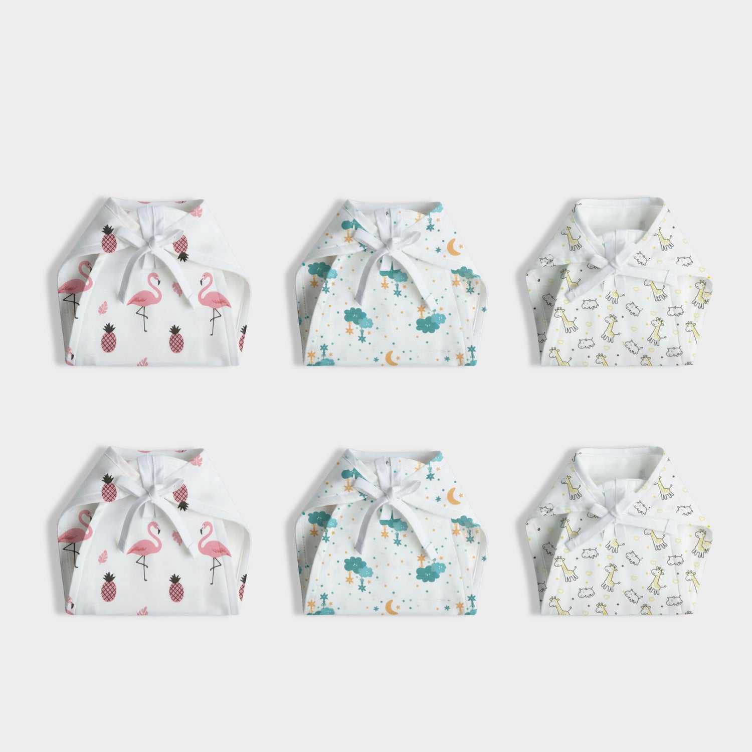 6 Pack Muslin Nappies | Pink Bird, Half Moon, Jolly Giraffe