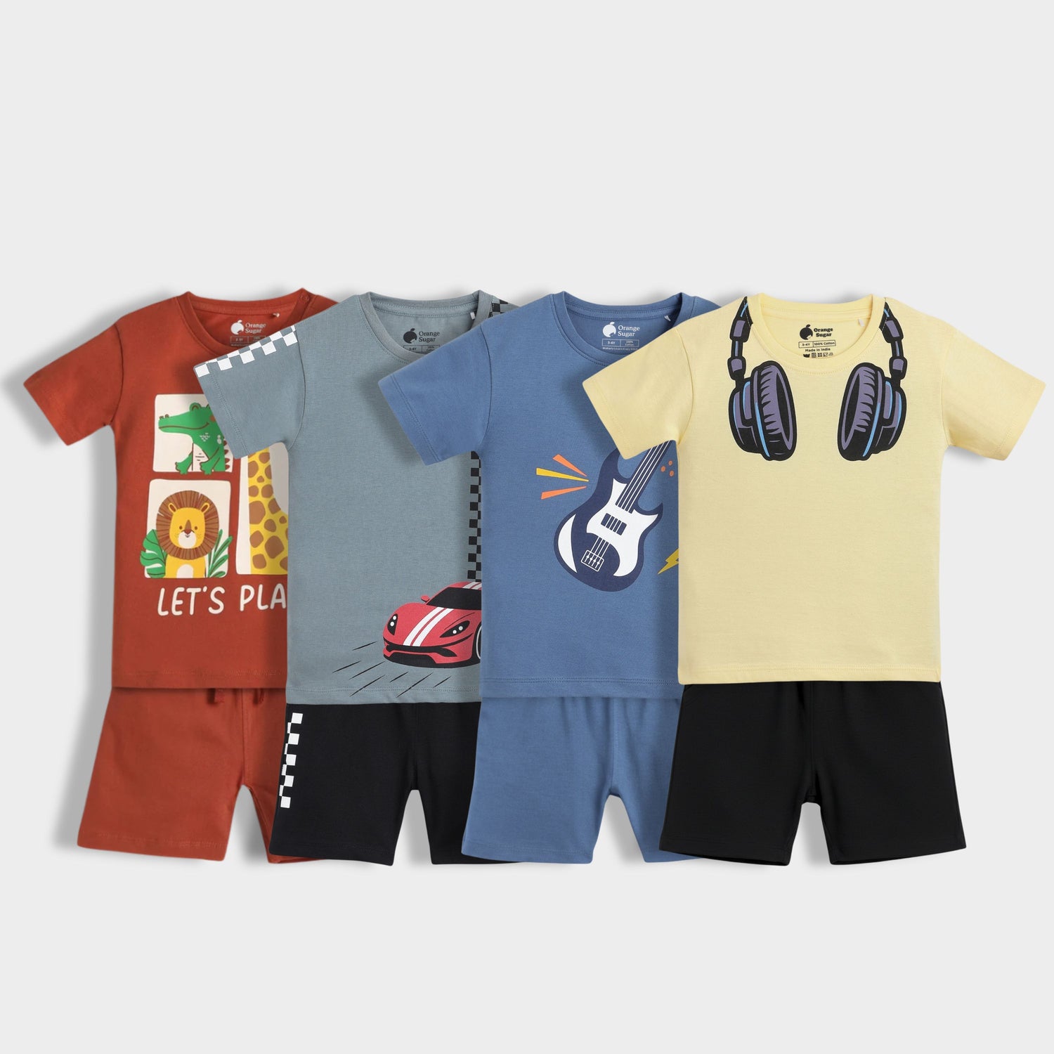 4 Pack T-Shirt & Shorts Unisex Co-ord Set | Little Zoo, Race Day, Rockstar, Music Buddy