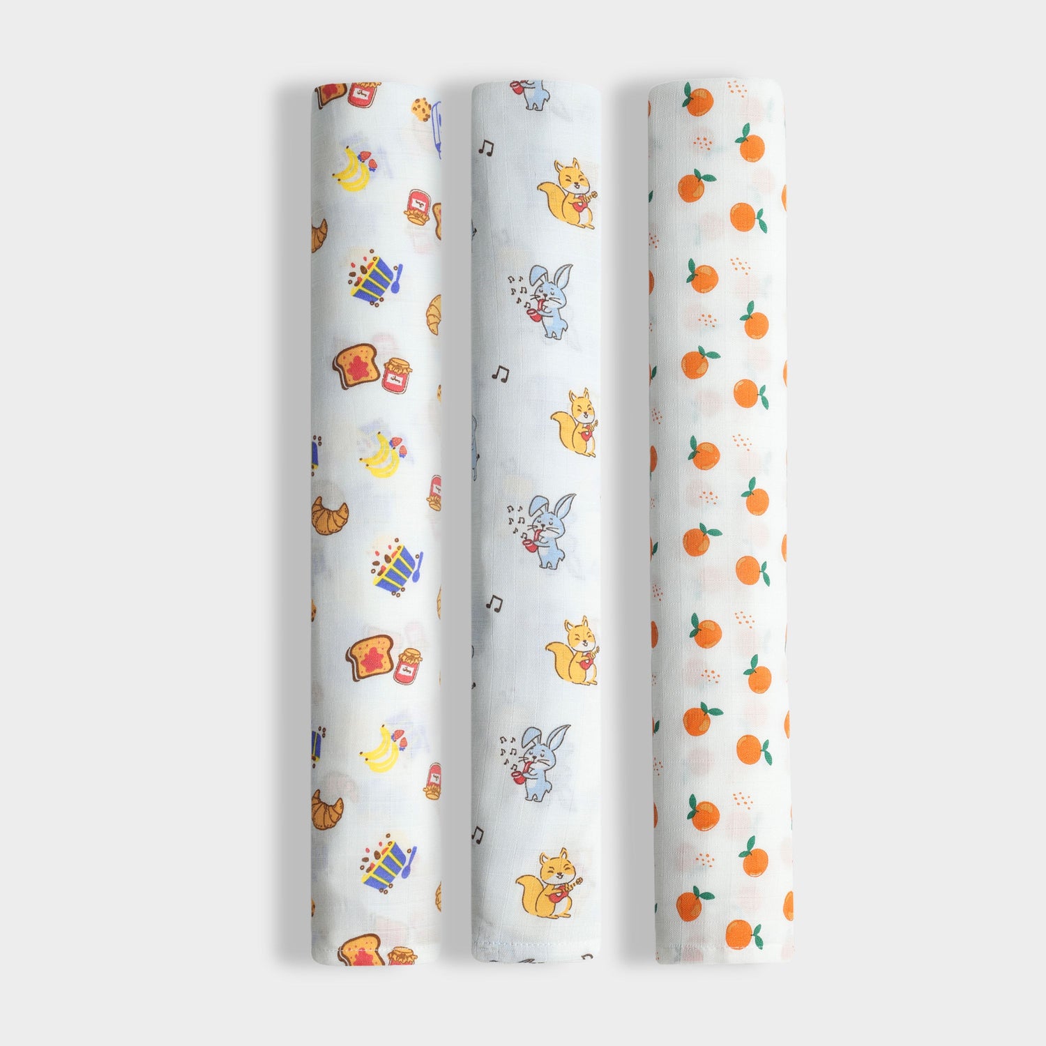 3 Pack Muslin Swaddle | Breakfast, Sweet Oranges, Jungle Jingles