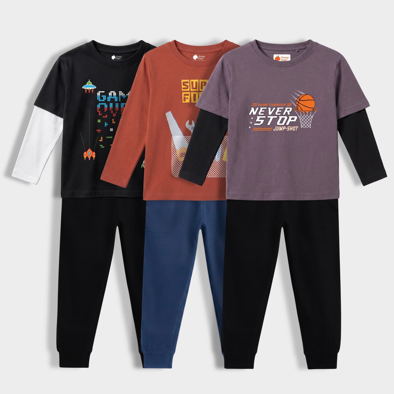 3 Pack Full Sleeves Unisex Co-ord Set | Game Buddy, Super Fixer, Never Stop