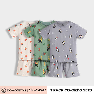 3 Pack T-Shirt & Shorts Unisex Co-ord Set | Jungle, Penguin & Orange