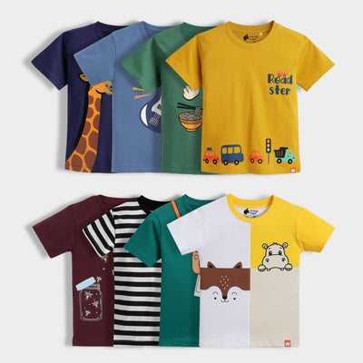 8 Pack Half Sleeves Unisex T-Shirts | Sporty Giraffe, Little Rockstar, Korea Love, Road Trip, Firefly Magic, Black Stripes, Mini Camera, Half And Half