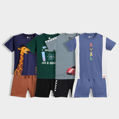 4 Pack T-Shirt & Shorts Unisex Co-ord Set | Sporty Giraffe, I Am Genius, Race Day, Goal Time