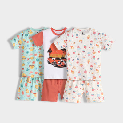 3 Pack T-Shirt & Shorts Unisex Co-ord Set | Galaxy, Car Ride, Frosty