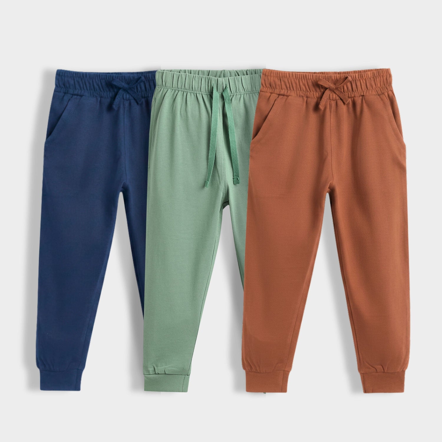 3 Pcs Cotton Joggers | Blue, Green, Brown