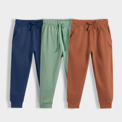 3 Pcs Cotton Joggers | Blue, Green, Brown