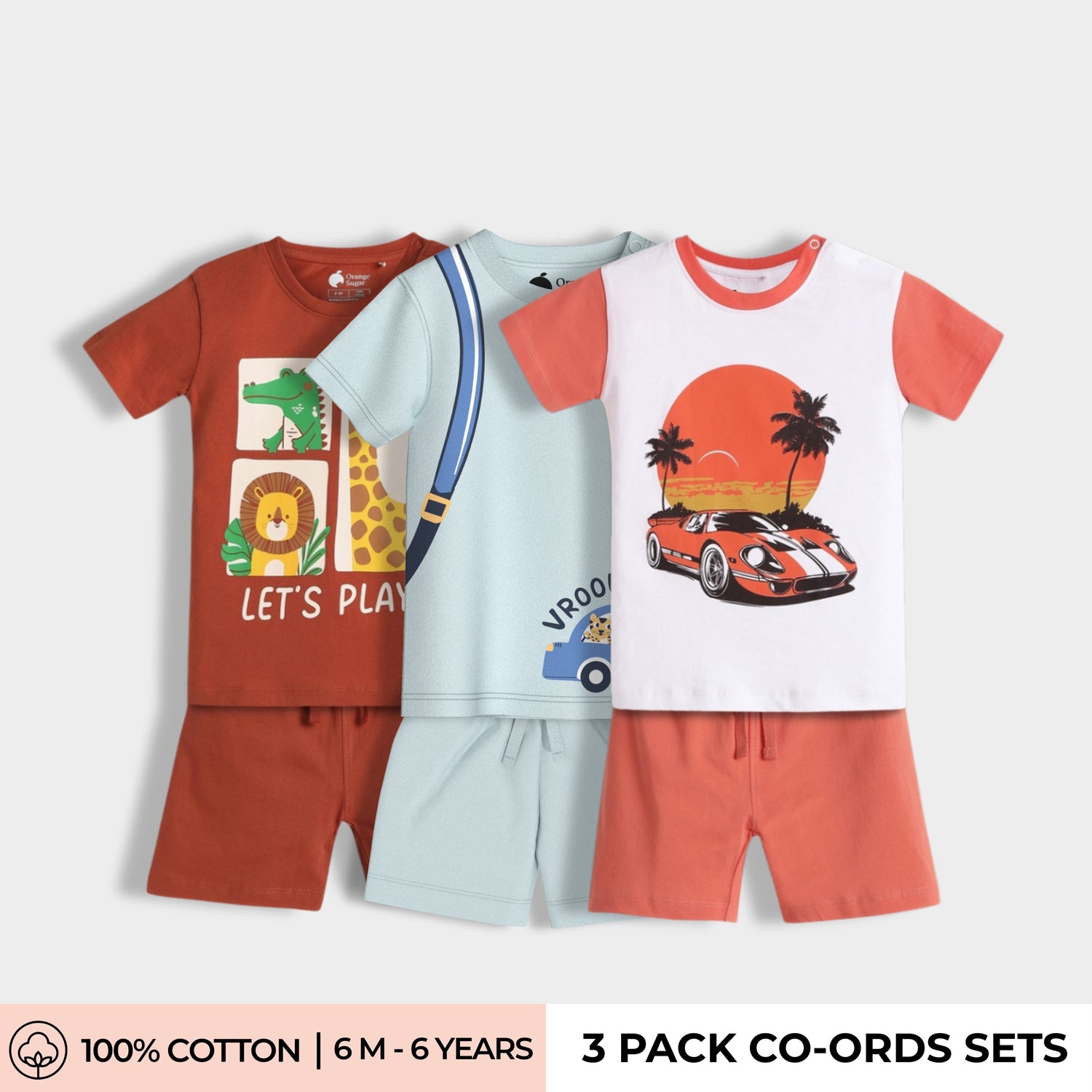 3 Pack T-Shirt & Shorts Unisex Co-ord Set | Zoo, Back Pack, Car Ride