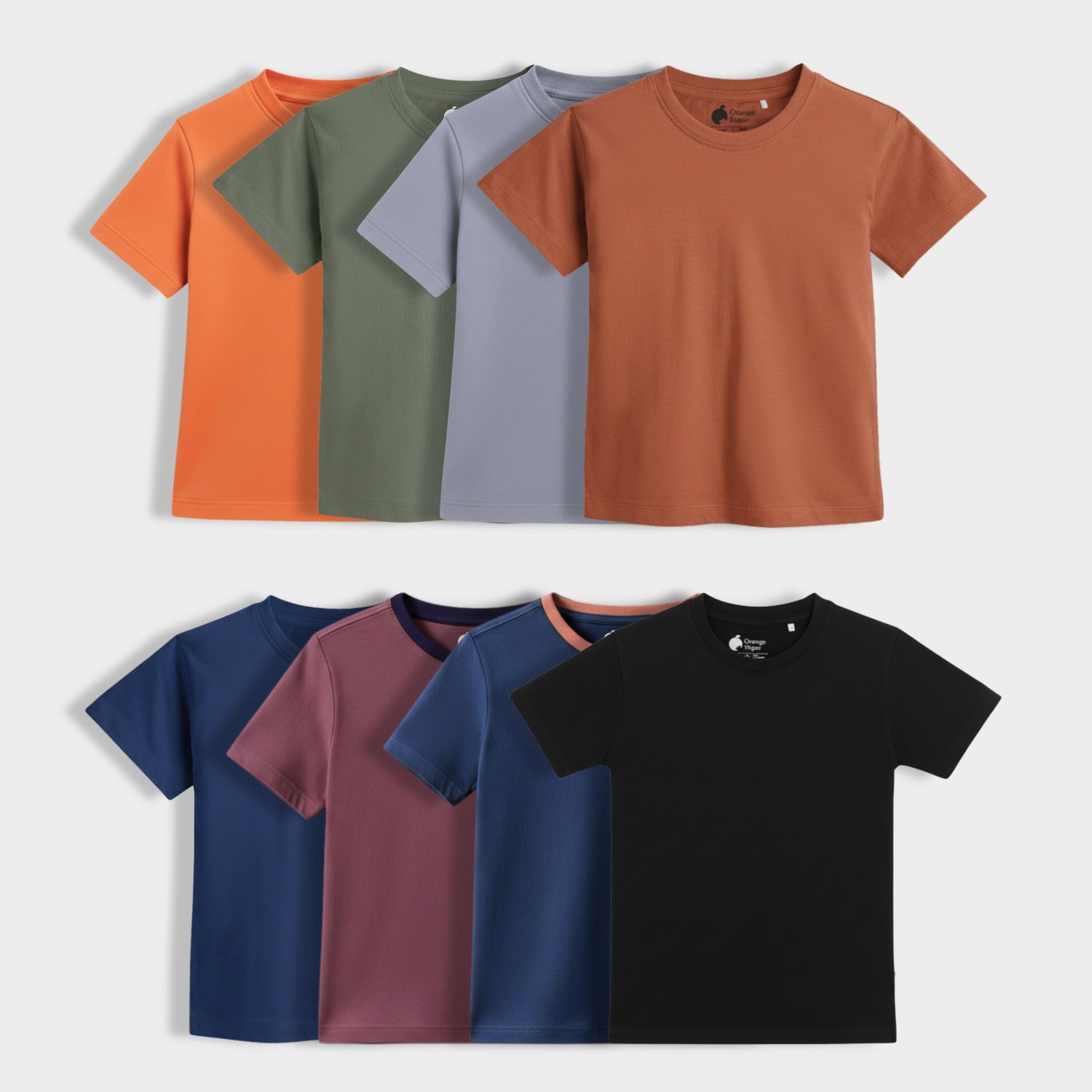 8 Pack Half Sleeves Unisex T-Shirts | Orange, Olive Green, Grey, Brown, Royal Blue, Dusty Pink, Diesel Blue, Black