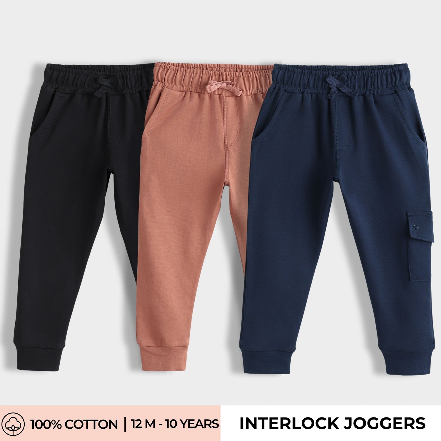 3 Pcs Interlock Joggers | Black, ⁠Honey Brown, ⁠Blue