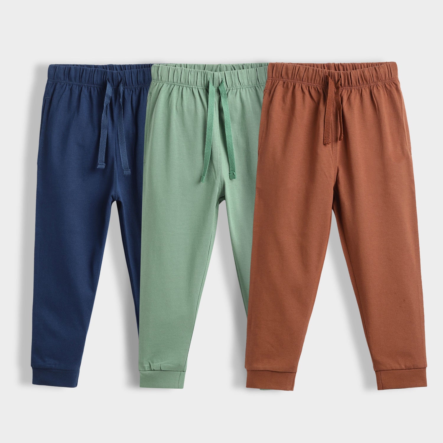 3 Pcs Cotton Joggers | Blue, Green, Brown