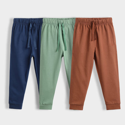 3 Pcs Cotton Joggers | Blue, Green, Brown